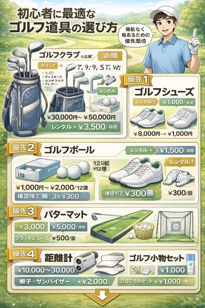 ゴルフを始めたいが何を揃えればよいか分からず悩む