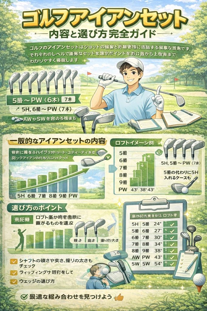 選び方は自身の飛距離やミスの傾向を踏まえて番手間のロフト差が均一かどうかを確認しショートアイアンからロングアイアンまで自然に繋がるセット構成を目指す