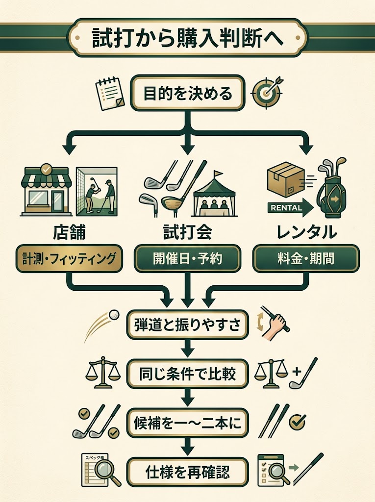 ゴルフクラブの試打から購入判断までを俯瞰する縦長の判断フロー図