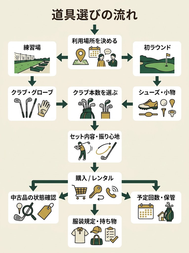 ゴルフ初心者が道具を準備する判断手順を俯瞰できる、縦長のフローチャート型インフォグラフィック